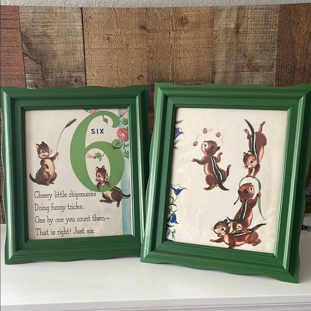 Green Vintage Framed Chipmunk Children’s Book Art